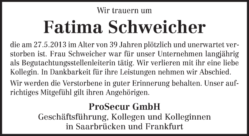  Traueranzeige für Fatima Schweicher vom 01.06.2013 aus TRIERISCHER VOLKSFREUND