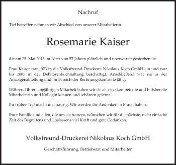 Traueranzeige von Rosemarie Kaiser von TRIERISCHER VOLKSFREUND