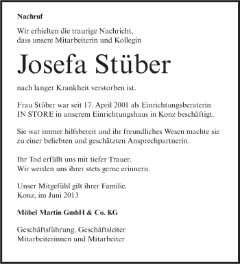 Traueranzeige von Josefa Stüber von TRIERISCHER VOLKSFREUND