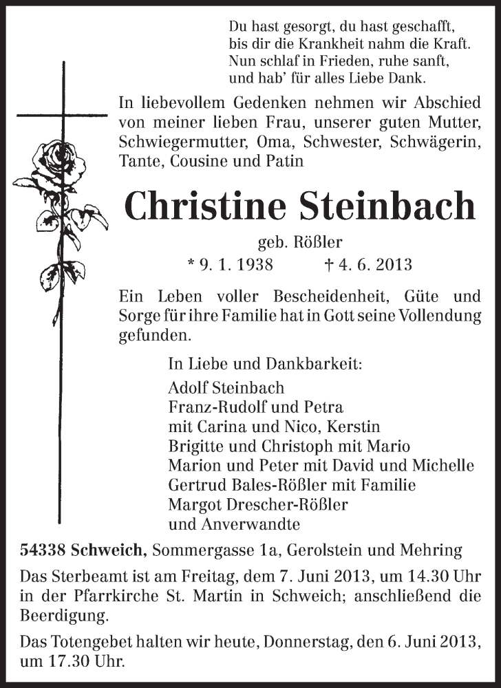  Traueranzeige für Christine Steinbach vom 06.06.2013 aus TRIERISCHER VOLKSFREUND