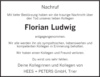 Traueranzeige von Florian Ludwig von TRIERISCHER VOLKSFREUND