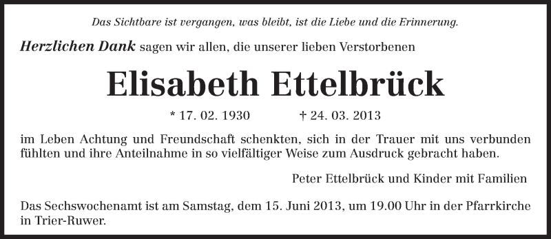  Traueranzeige für Elisabeth Ettelbrück vom 08.06.2013 aus TRIERISCHER VOLKSFREUND