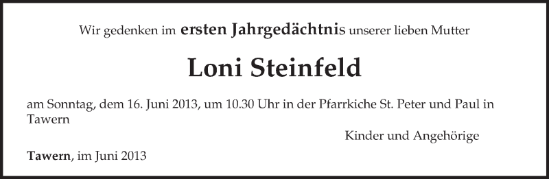  Traueranzeige für Loni Steinfeld vom 12.06.2013 aus TRIERISCHER VOLKSFREUND