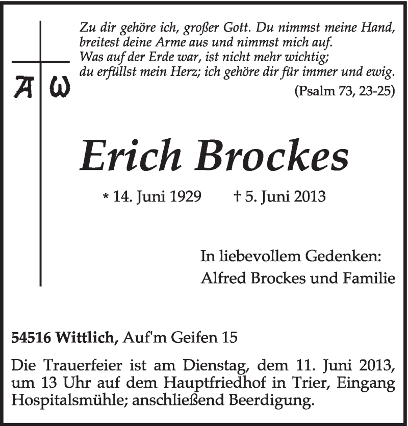  Traueranzeige für Erich Brockes vom 08.06.2013 aus TRIERISCHER VOLKSFREUND