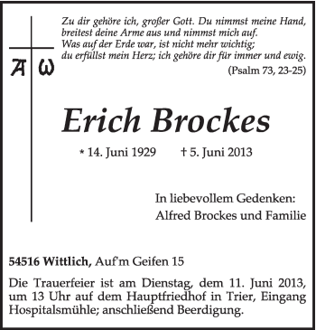 Traueranzeige von Erich Brockes von TRIERISCHER VOLKSFREUND