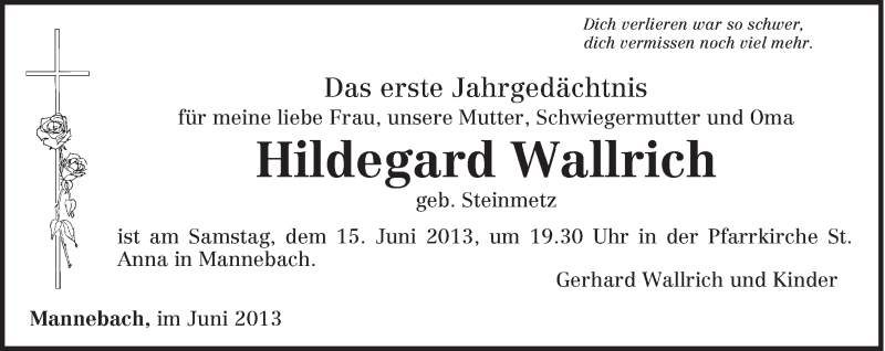  Traueranzeige für Hildegard Wallrich vom 08.06.2013 aus TRIERISCHER VOLKSFREUND