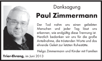 Traueranzeige von Paul Zimmermann von TRIERISCHER VOLKSFREUND