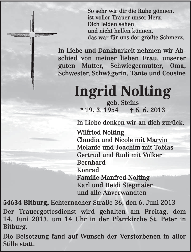  Traueranzeige für Ingrid Nolting vom 12.06.2013 aus TRIERISCHER VOLKSFREUND