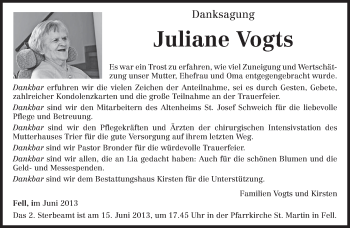 Traueranzeige von Juliane Vogts von TRIERISCHER VOLKSFREUND
