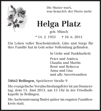 Traueranzeige von Helga Platz von TRIERISCHER VOLKSFREUND