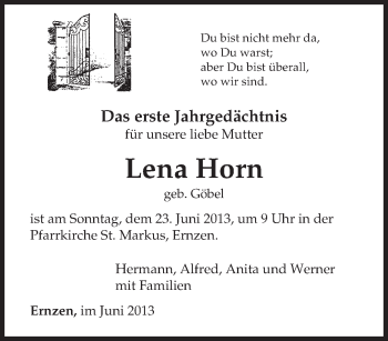 Traueranzeige von Lena Horn von TRIERISCHER VOLKSFREUND