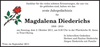 Traueranzeige von Magdalena Diederichs von TRIERISCHER VOLKSFREUND