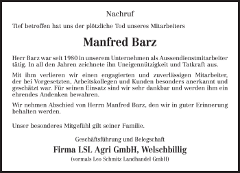 Traueranzeige von Manfred Barz von TRIERISCHER VOLKSFREUND