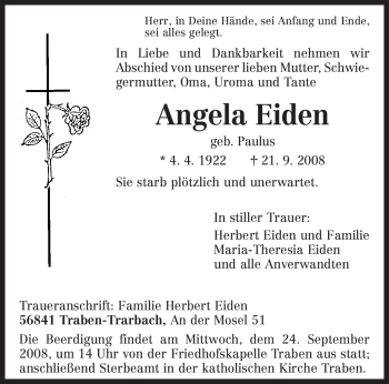 Traueranzeige von Angela Eiden von TRIERISCHER VOLKSFREUND