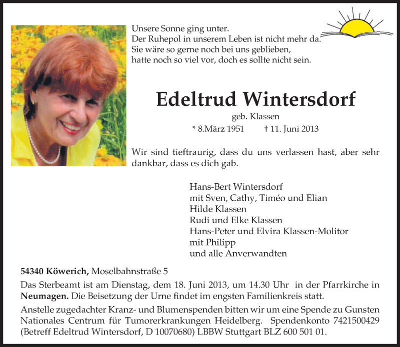  Traueranzeige für Edeltrud Wintersdorf vom 15.06.2013 aus TRIERISCHER VOLKSFREUND