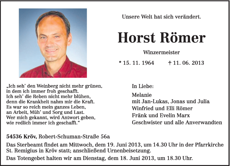  Traueranzeige für Horst Römer vom 17.06.2013 aus TRIERISCHER VOLKSFREUND