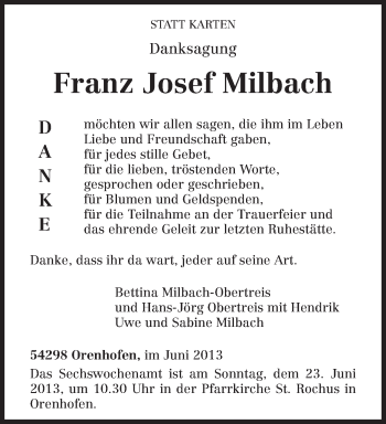 Traueranzeige von Franz Josef Milbach von TRIERISCHER VOLKSFREUND