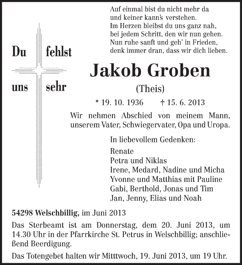  Traueranzeige für Jakob Groben vom 18.06.2013 aus TRIERISCHER VOLKSFREUND