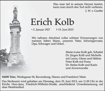 Traueranzeige von Erich Kolb von TRIERISCHER VOLKSFREUND