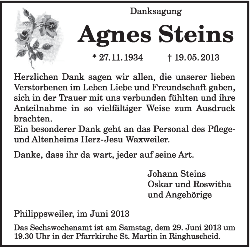  Traueranzeige für Agnes Steins vom 22.06.2013 aus TRIERISCHER VOLKSFREUND