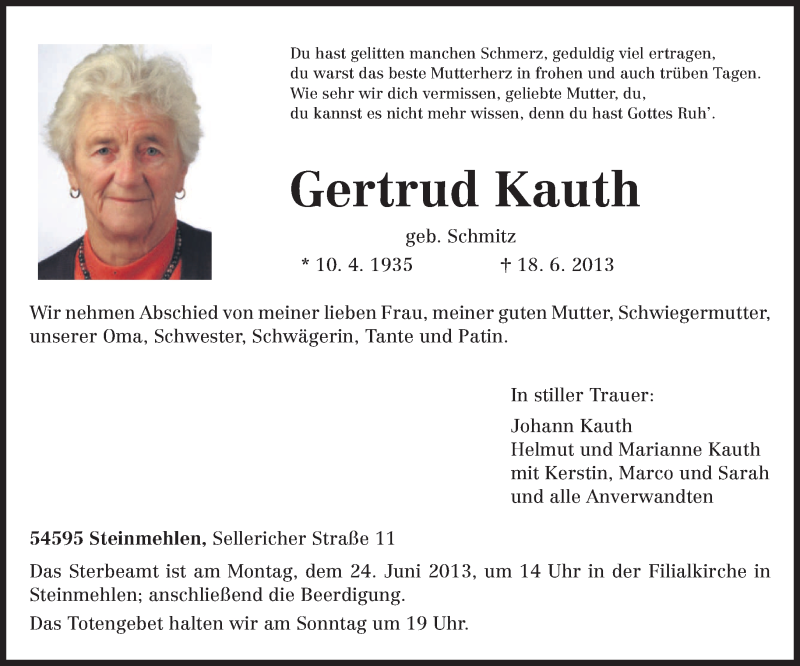  Traueranzeige für Gertrud Kauth vom 20.06.2013 aus TRIERISCHER VOLKSFREUND