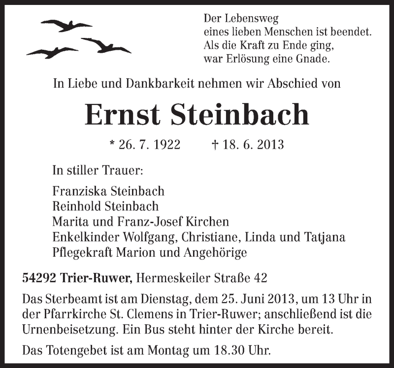  Traueranzeige für Ernst Steinbach vom 21.06.2013 aus TRIERISCHER VOLKSFREUND