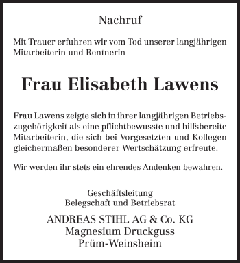Traueranzeige von Elisabeth Lawens von TRIERISCHER VOLKSFREUND
