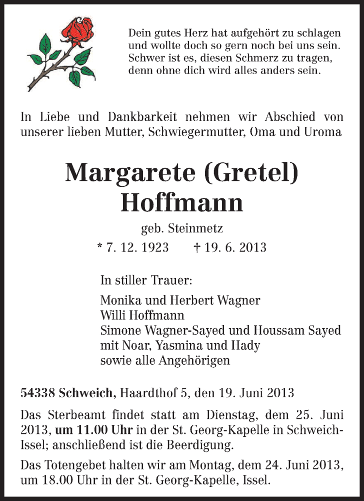  Traueranzeige für Margarete Hoffmann vom 22.06.2013 aus TRIERISCHER VOLKSFREUND