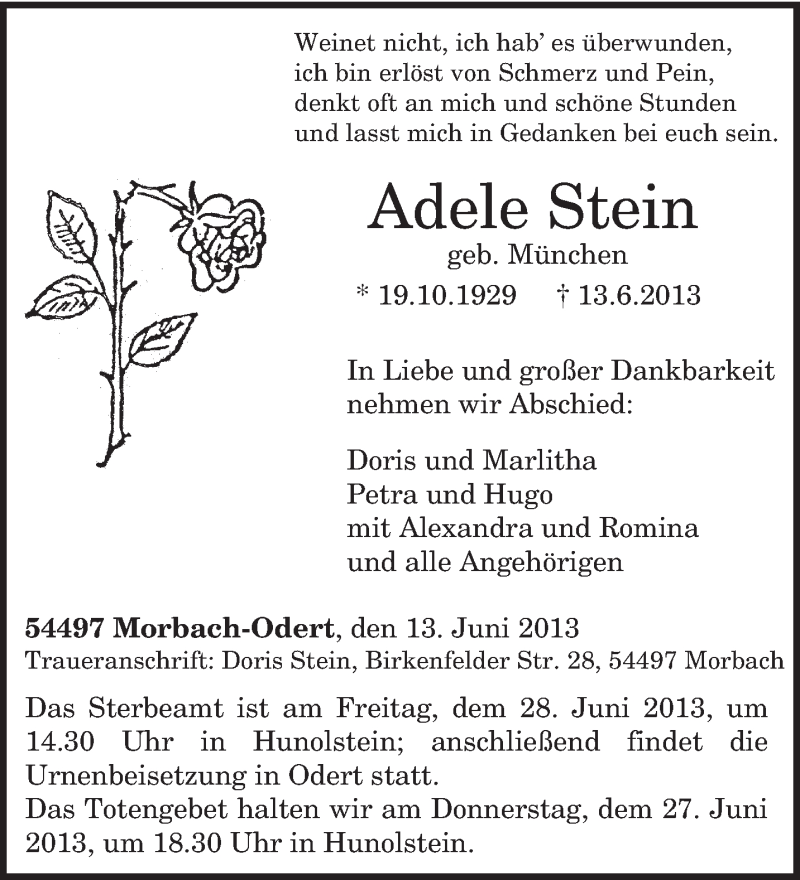  Traueranzeige für Adele Stein vom 22.06.2013 aus TRIERISCHER VOLKSFREUND