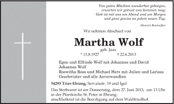 Traueranzeige von Martha Wolf von TRIERISCHER VOLKSFREUND