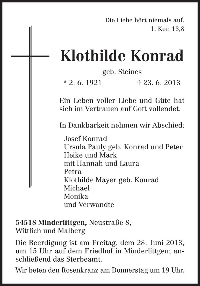  Traueranzeige für Klothilde Konrad vom 26.06.2013 aus TRIERISCHER VOLKSFREUND