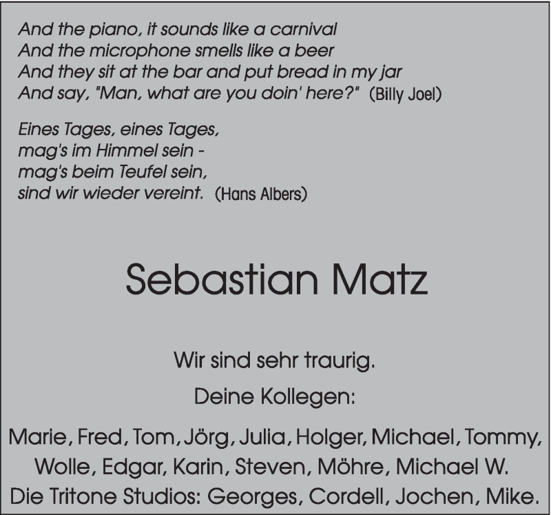  Traueranzeige für Sebastian Matz vom 29.06.2013 aus TRIERISCHER VOLKSFREUND