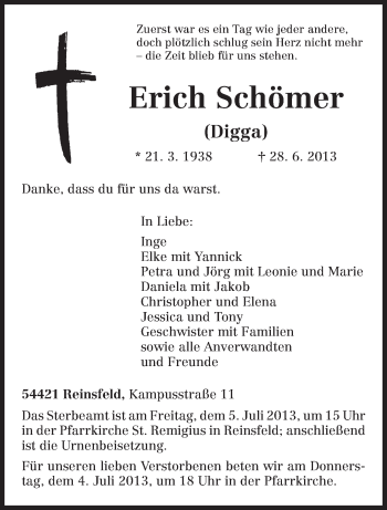 Traueranzeige von Erich Schömer von TRIERISCHER VOLKSFREUND