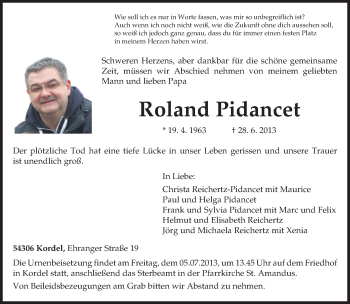 Traueranzeige von Roland Pidancet von TRIERISCHER VOLKSFREUND