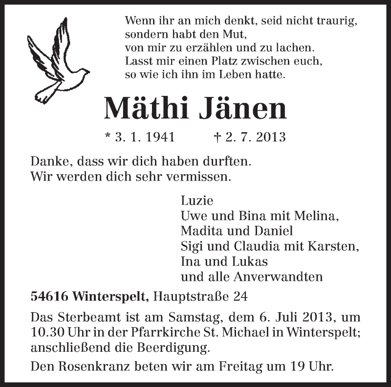  Traueranzeige für Mäthi Jänen vom 03.07.2013 aus TRIERISCHER VOLKSFREUND