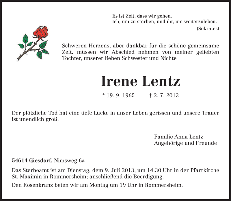 Traueranzeigen von Irene Lentz | Volksfreund.Trauer.de