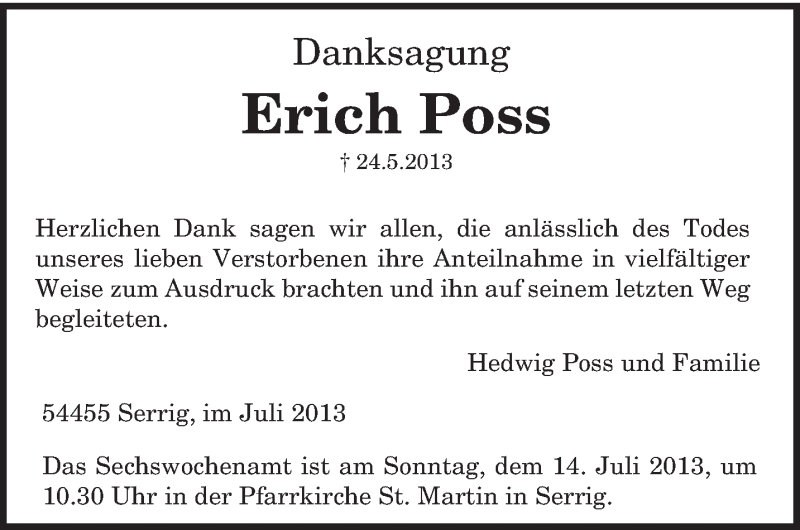  Traueranzeige für Erich Poss vom 06.07.2013 aus TRIERISCHER VOLKSFREUND