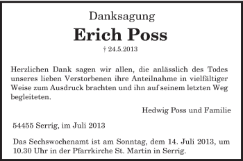Traueranzeige von Erich Poss von TRIERISCHER VOLKSFREUND