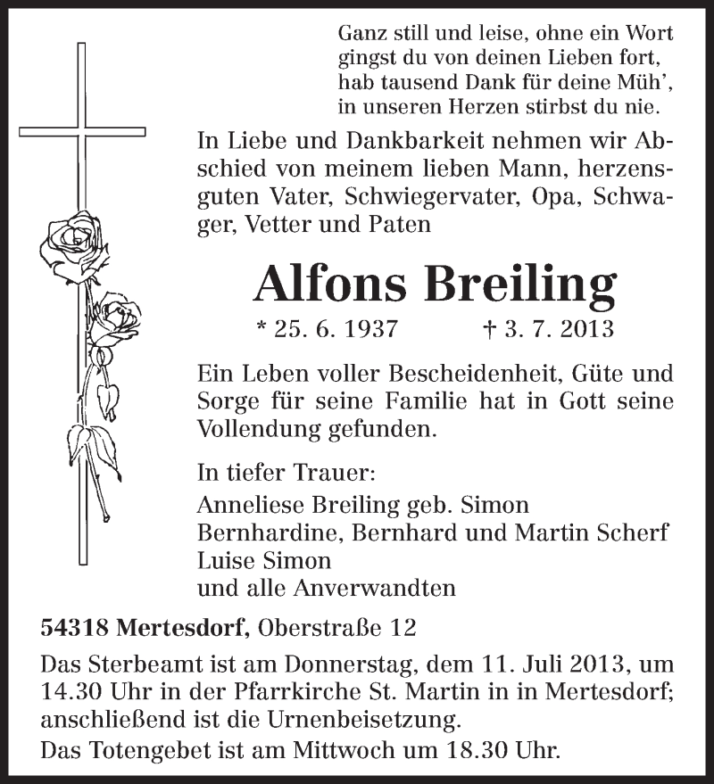  Traueranzeige für Alfons Breiling vom 06.07.2013 aus TRIERISCHER VOLKSFREUND