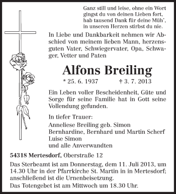 Traueranzeige von Alfons Breiling von TRIERISCHER VOLKSFREUND