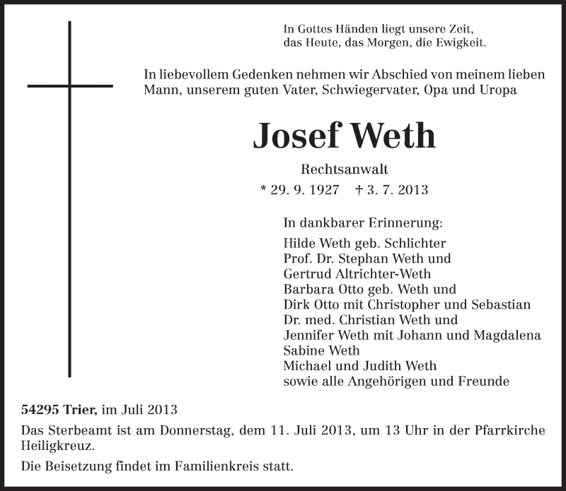  Traueranzeige für Josef Weth vom 06.07.2013 aus TRIERISCHER VOLKSFREUND
