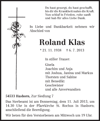 Traueranzeige von Roland Klas von TRIERISCHER VOLKSFREUND