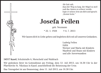 Traueranzeige von Josefa Feilen von TRIERISCHER VOLKSFREUND