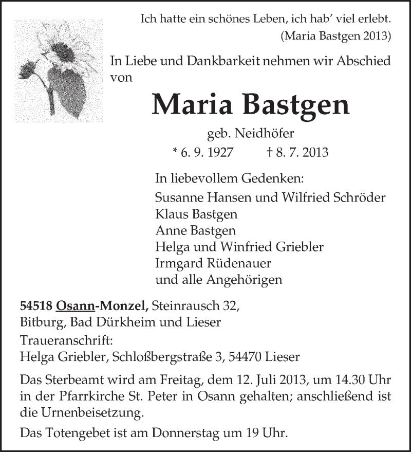  Traueranzeige für Maria Bastgen vom 10.07.2013 aus TRIERISCHER VOLKSFREUND