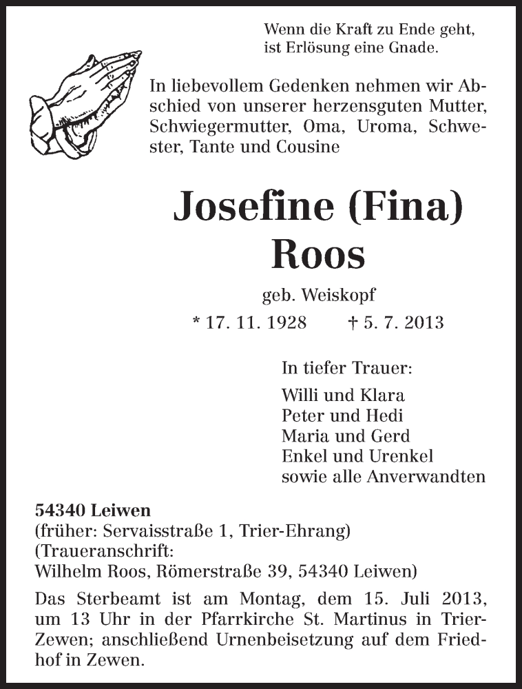  Traueranzeige für Josefine Roos vom 11.07.2013 aus TRIERISCHER VOLKSFREUND