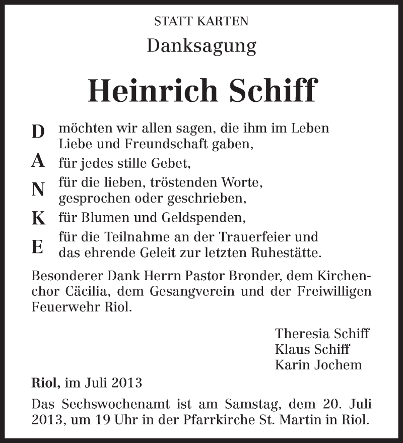  Traueranzeige für Heinrich Schiff vom 13.07.2013 aus TRIERISCHER VOLKSFREUND