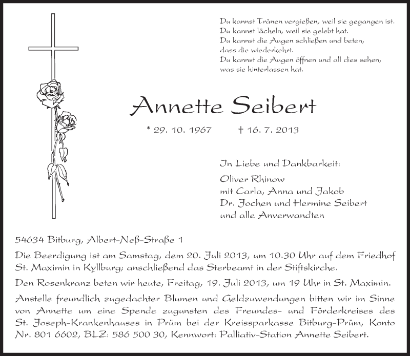 Traueranzeige für Annette Seibert vom 19.07.2013 aus TRIERISCHER VOLKSFREUND