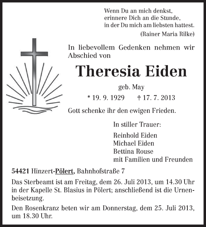  Traueranzeige für Theresia Eiden vom 20.07.2013 aus TRIERISCHER VOLKSFREUND