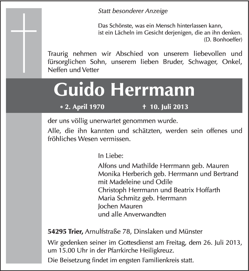 Traueranzeige für Guido Herrmann vom 22.07.2013 aus TRIERISCHER VOLKSFREUND