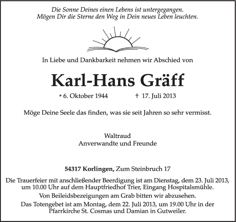  Traueranzeige für Karl-Hans Gräff vom 20.07.2013 aus TRIERISCHER VOLKSFREUND